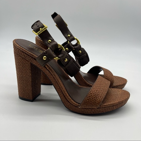 Lauren Ralph Lauren Shoes - Lauren Ralph Lauren Buckle Espadrille Platform Gold Coco Brown Weaved Block Heel